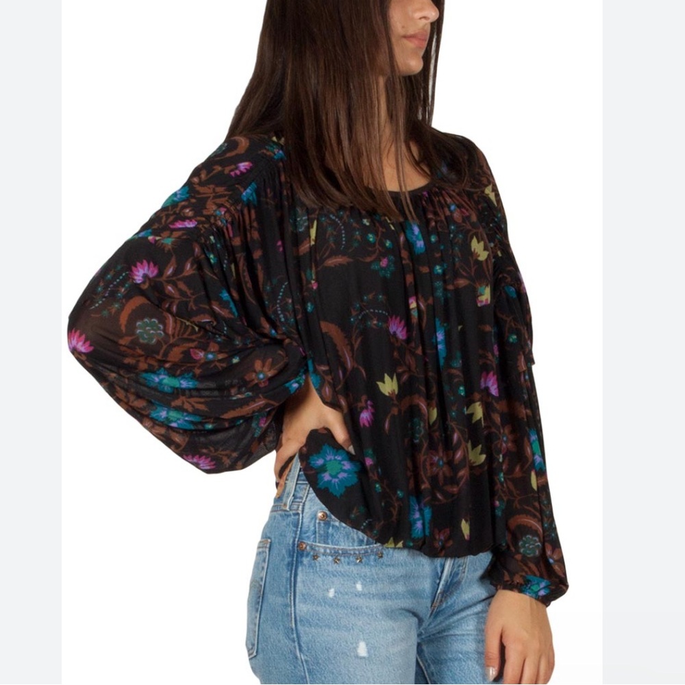 Free People Womens Blouse‎ Shirt Wild Flower Black Combo Floral Mesh B2 - Picture 2 of 7